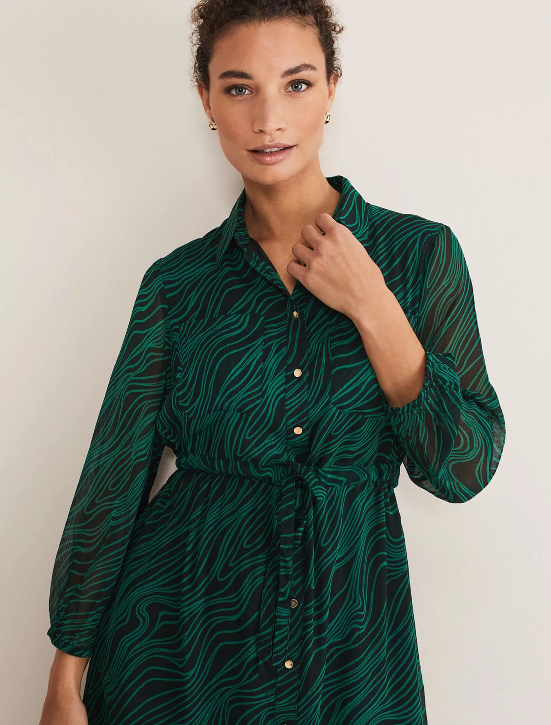 Phase Eight Tana Swirl Chiffon Midi Dress Dark Green/Light Green Fashion