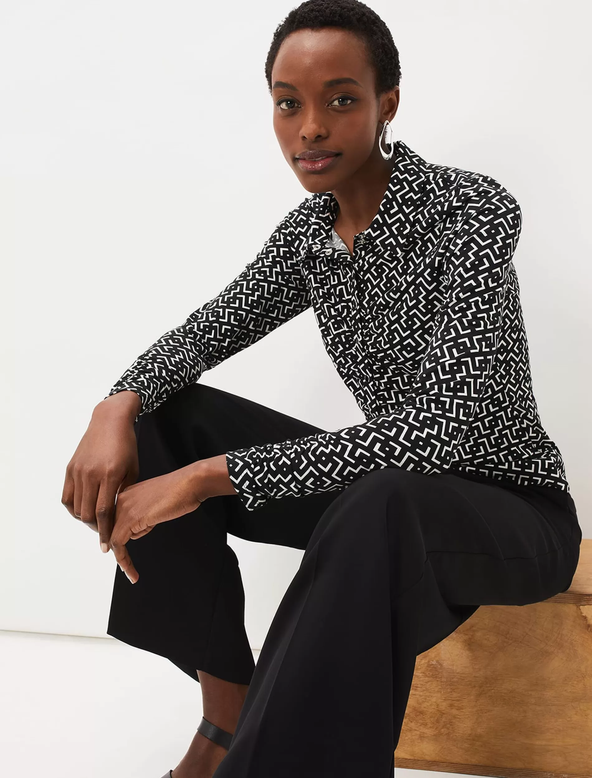 Phase Eight Teigan Jersey Popper Front Shirt Black/Ivory Best
