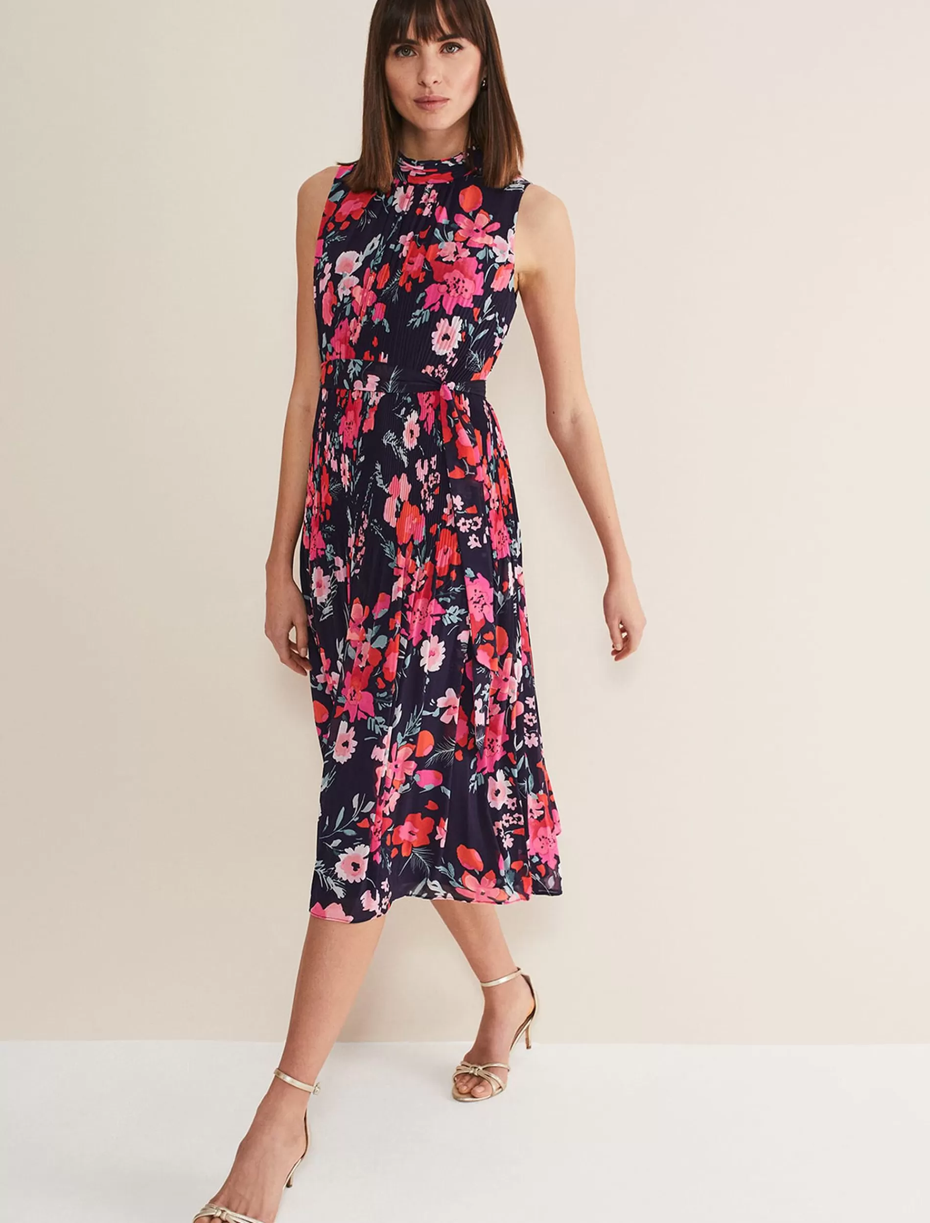Phase Eight Tillie Floral Pleated Midi Dress Navy/Multi New