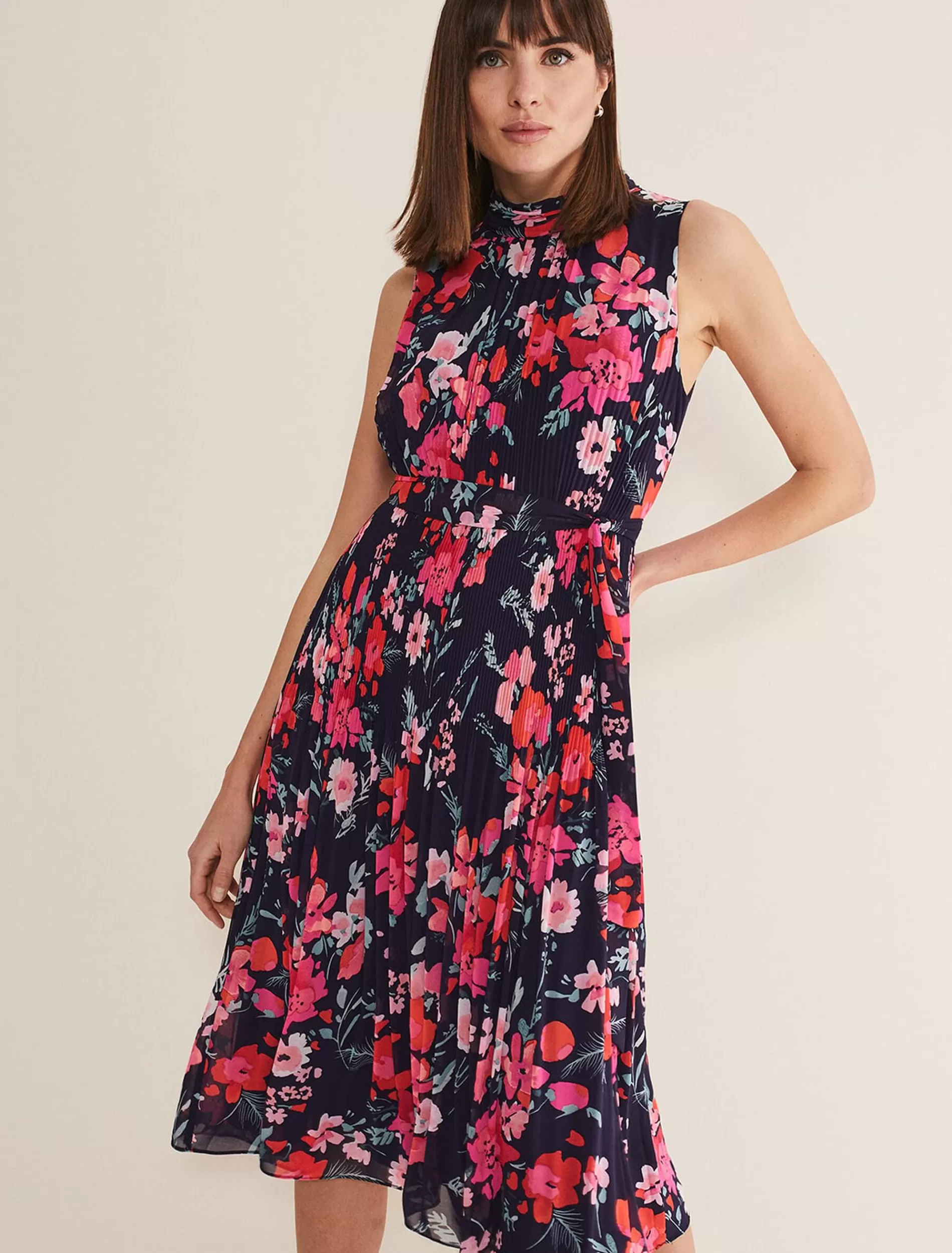 Phase Eight Tillie Floral Pleated Midi Dress Navy/Multi New