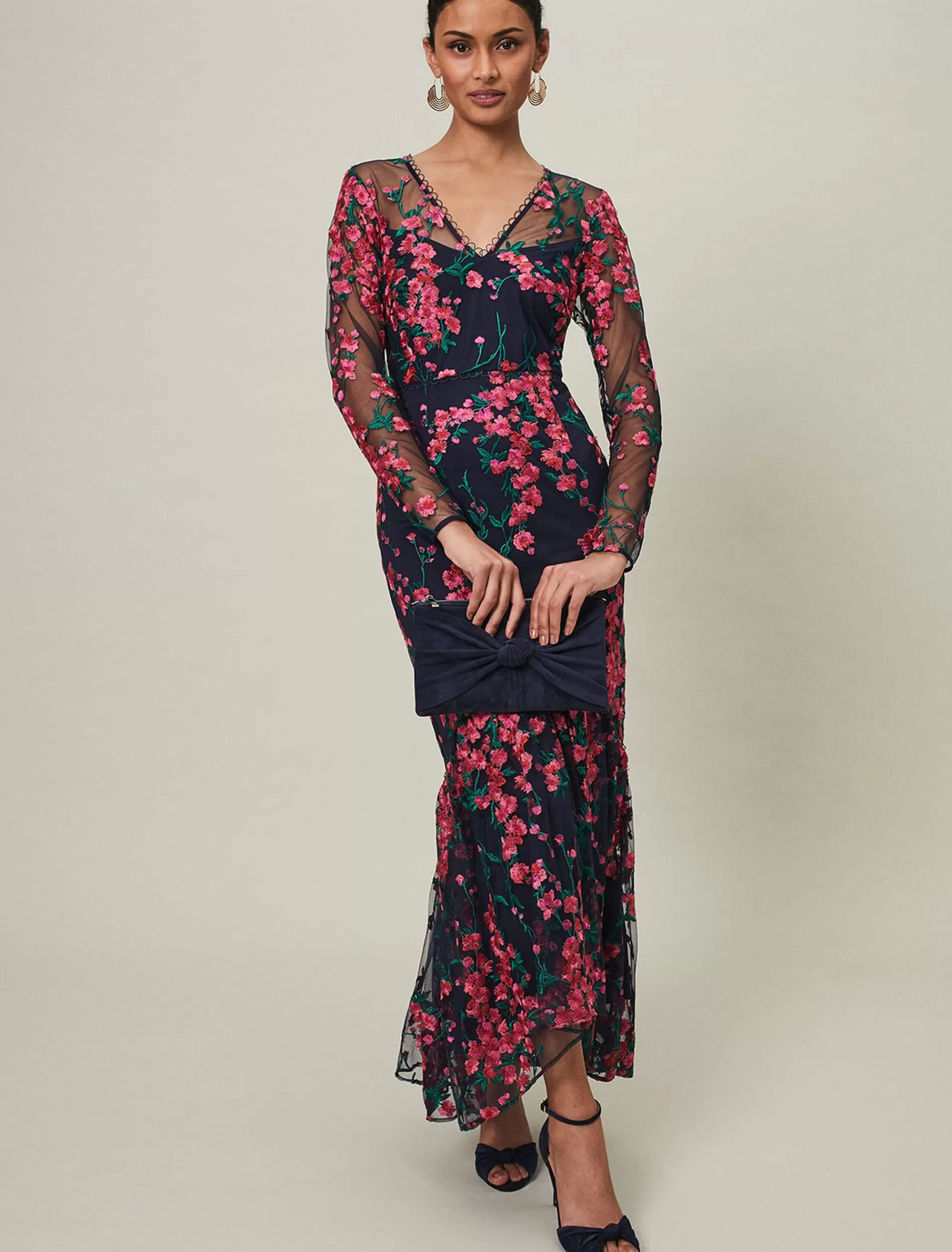 Phase Eight Trisha Embroidered Maxi Dress Navy/Pink Store