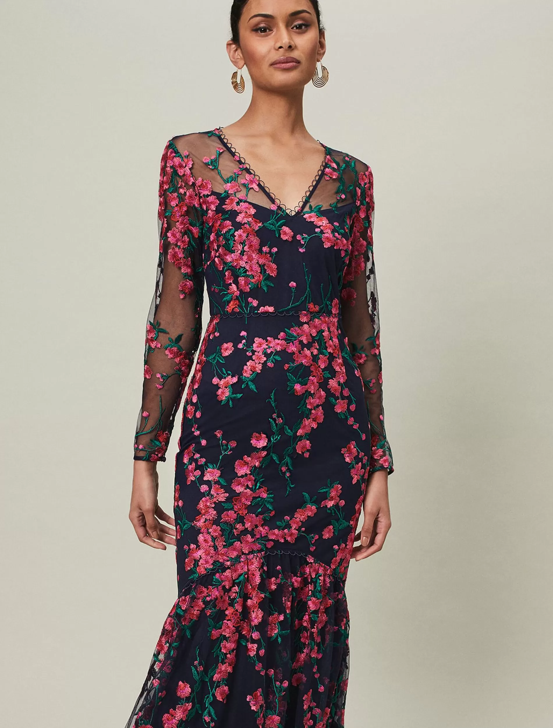 Phase Eight Trisha Embroidered Maxi Dress Navy/Pink Store