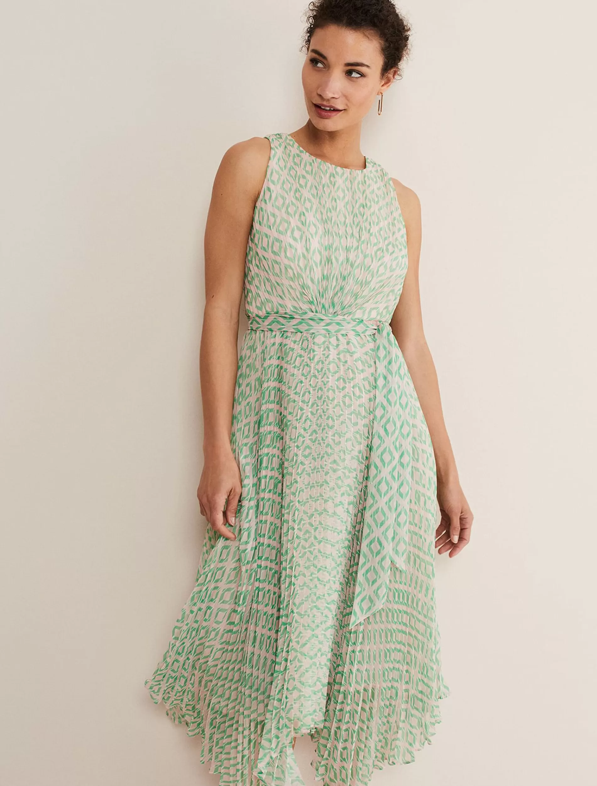 Phase Eight Vanya Pleated Sunray Dress Powder Pink/Green Outlet