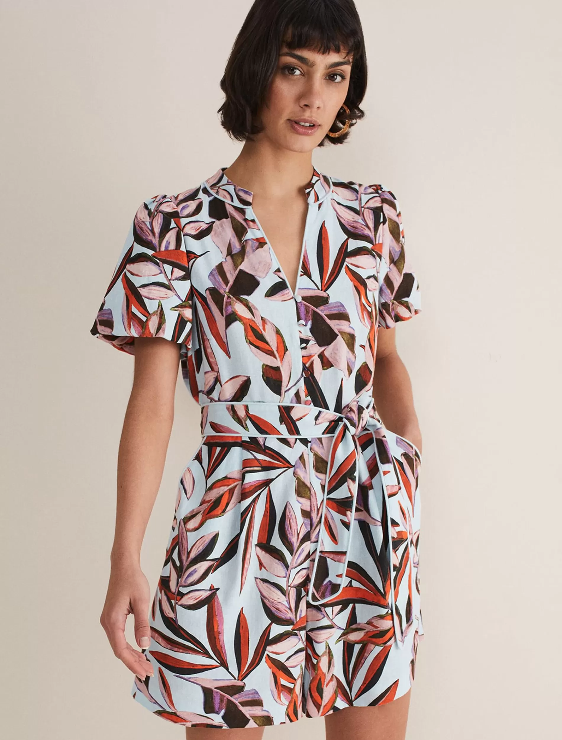 Phase Eight Vivian Linen Print Playsuit Aqua/Multi Discount