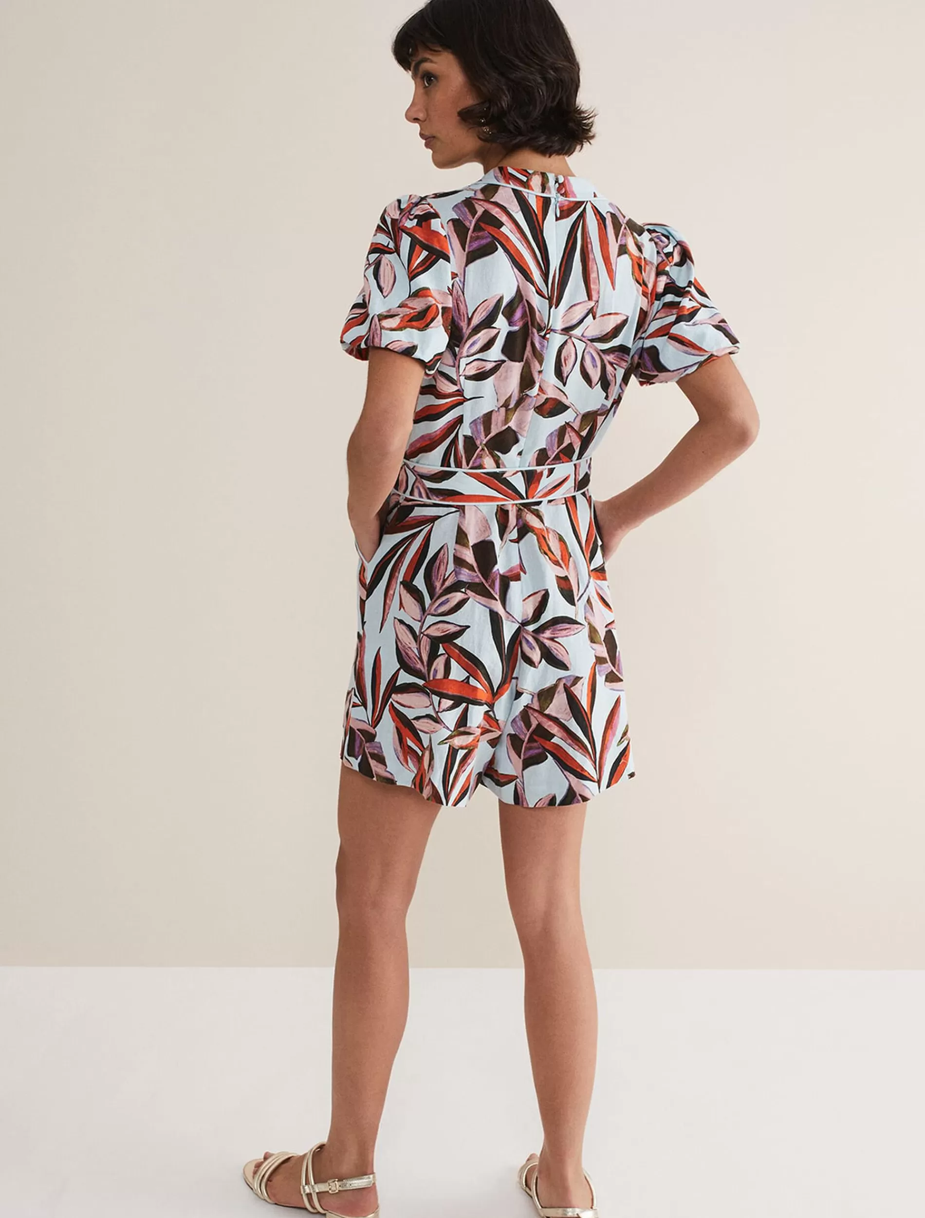 Phase Eight Vivian Linen Print Playsuit Aqua/Multi Discount