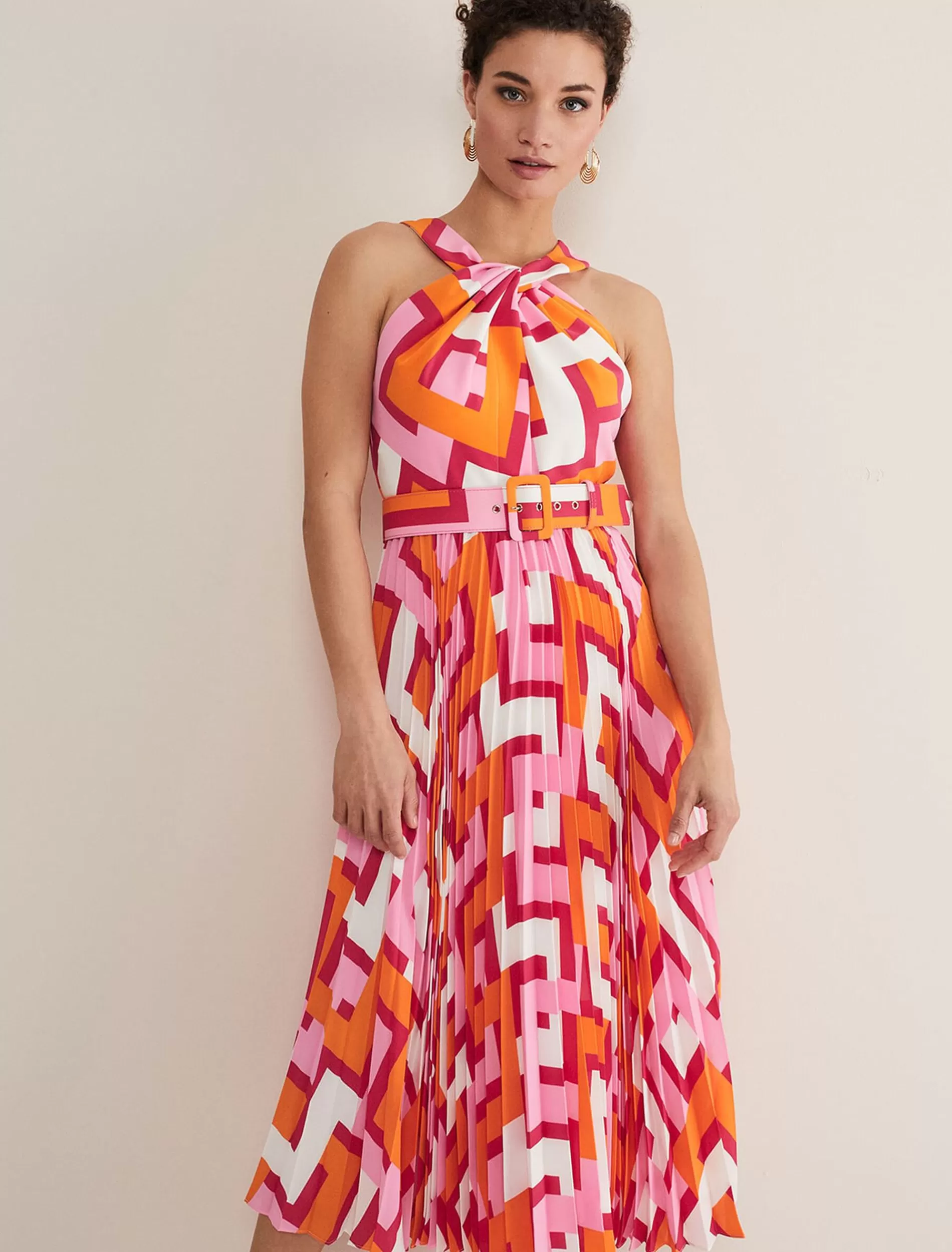 Phase Eight Yas Pink Twisted Neck Midi Dress Pink/Orange Clearance