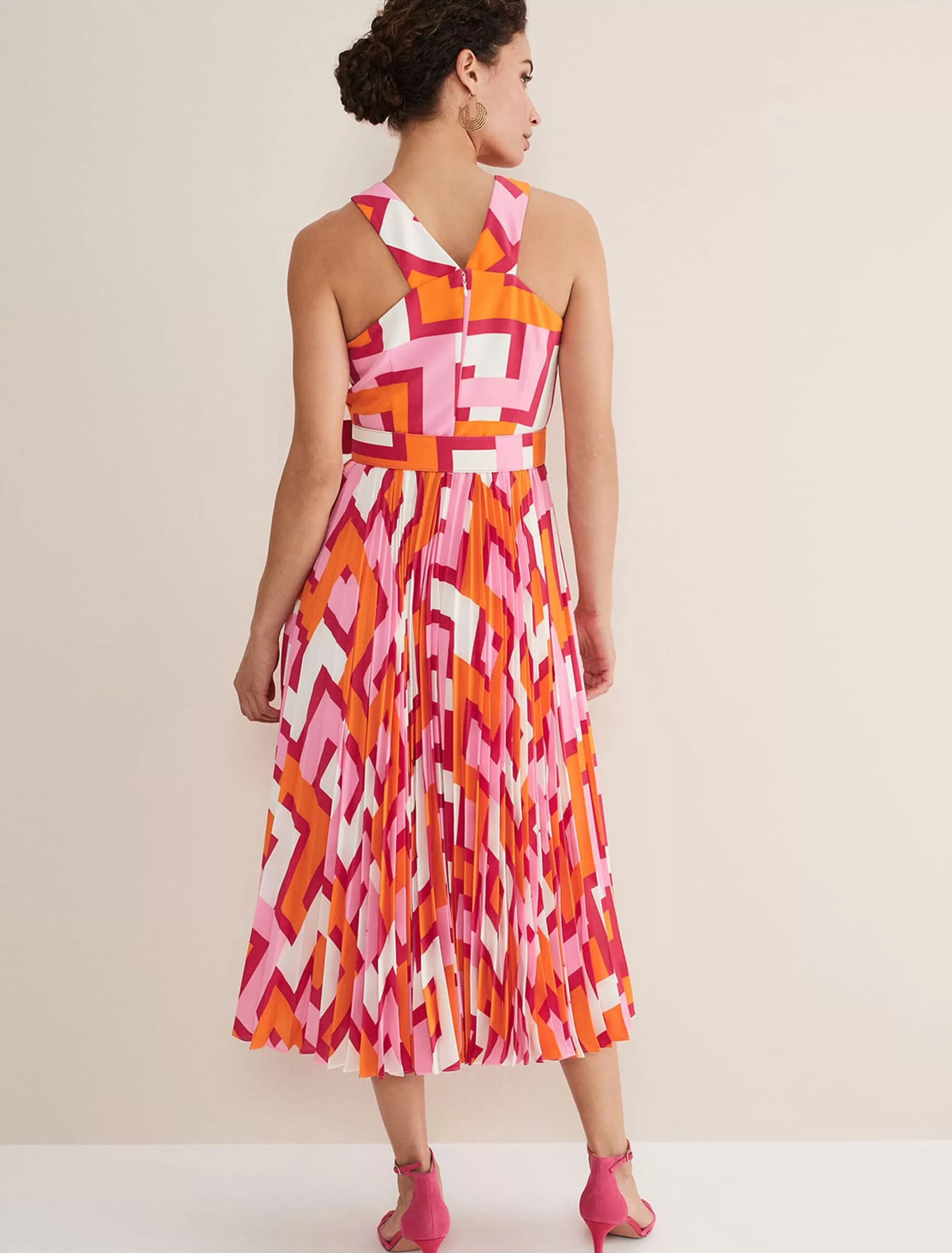 Phase Eight Yas Pink Twisted Neck Midi Dress Pink/Orange Clearance