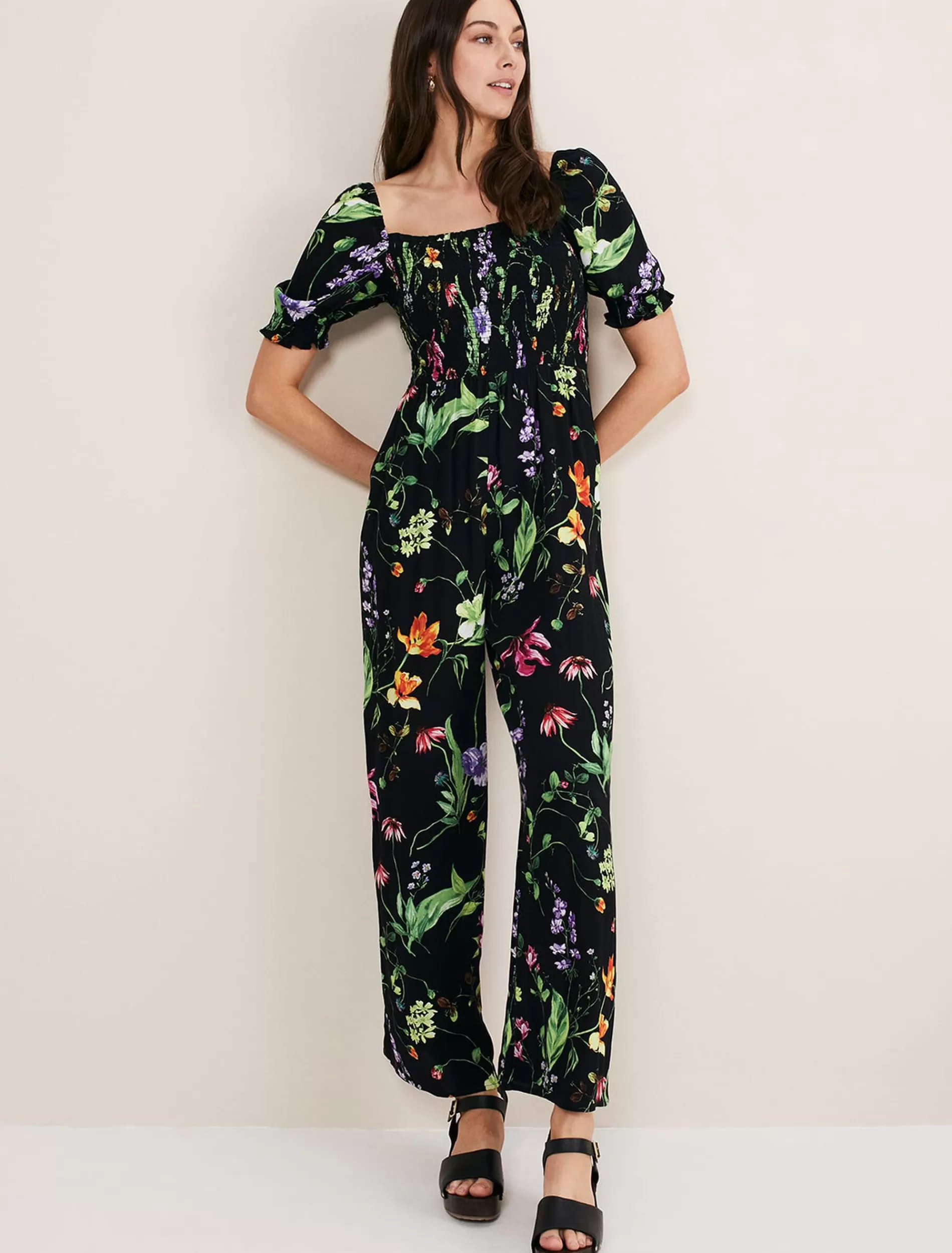 Phase Eight Zaylah Floral Shirred Waist Jumpsuit Black Clearance