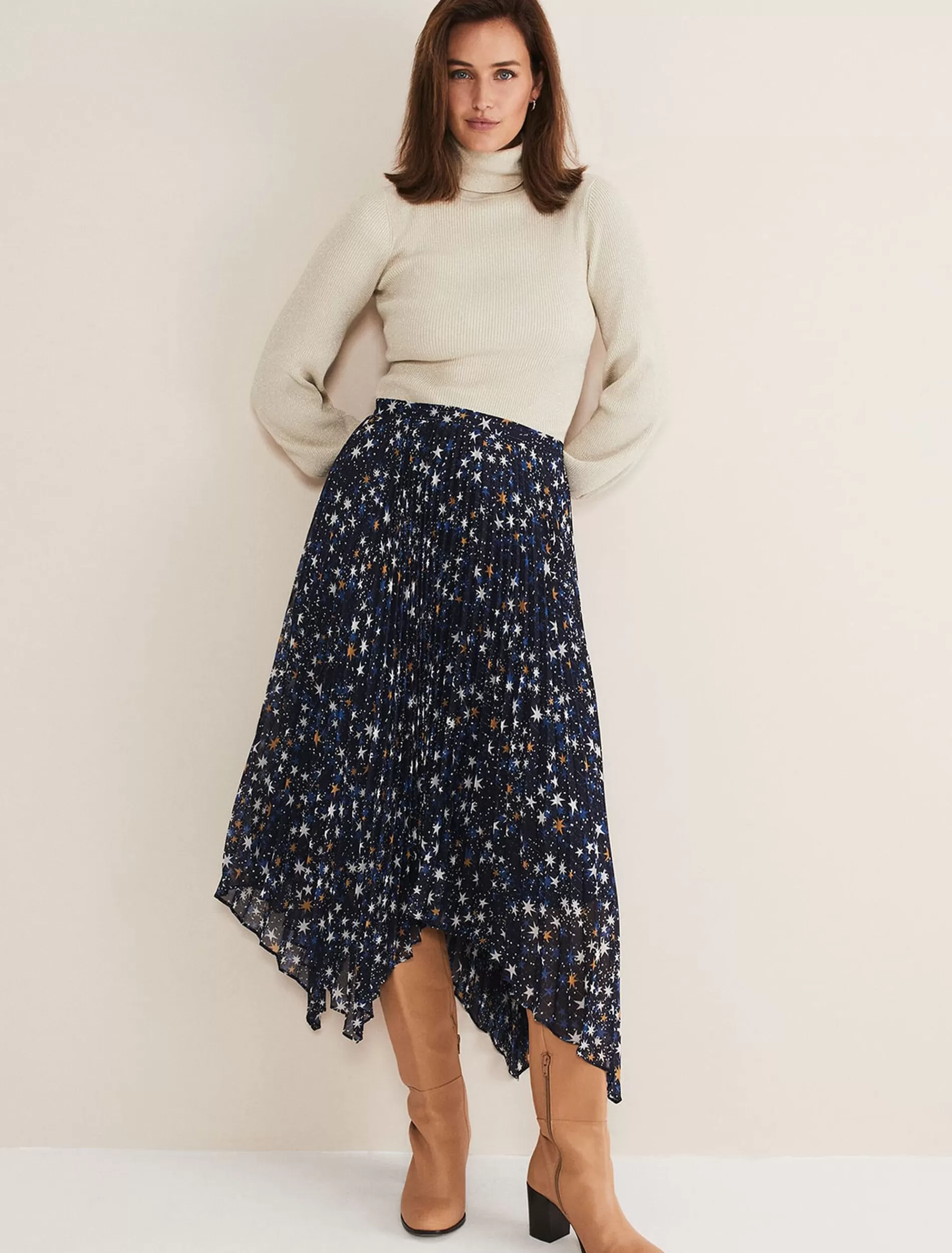 Phase Eight Zeba Star Pleated Midi Skirt Blue New