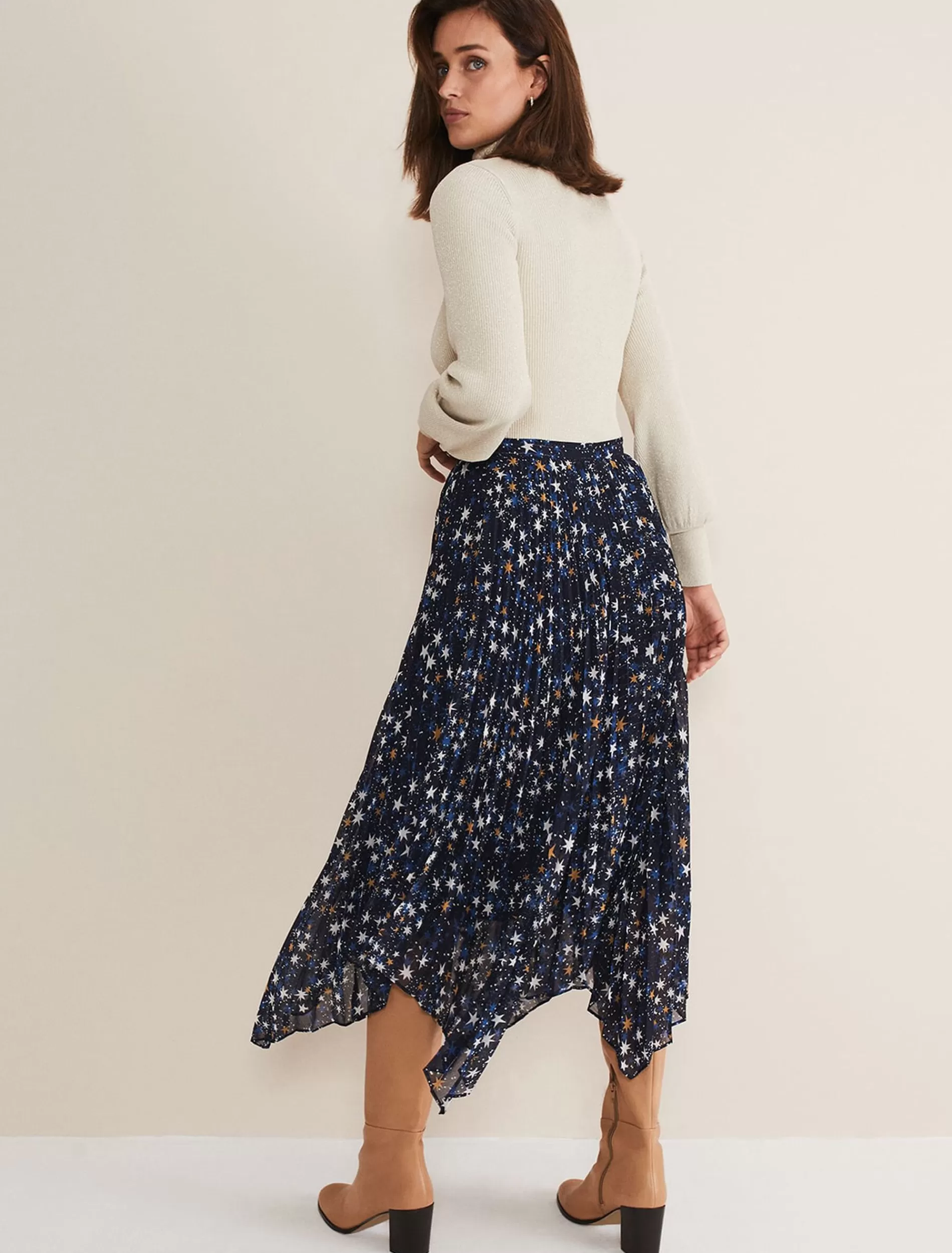 Phase Eight Zeba Star Pleated Midi Skirt Blue New