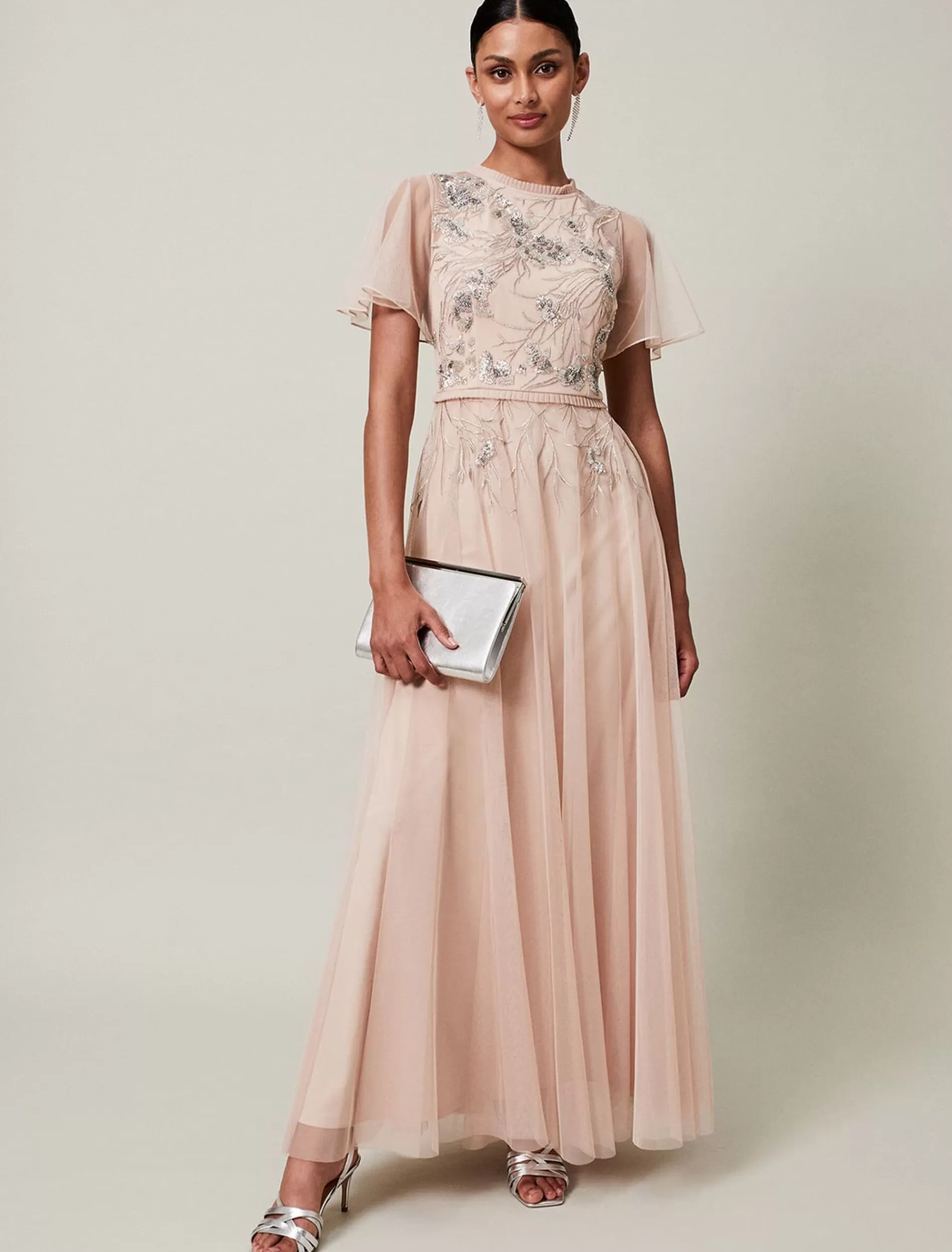 Phase Eight Zena Beaded Tulle Maxi Dress Pale Pink/Silver Cheap