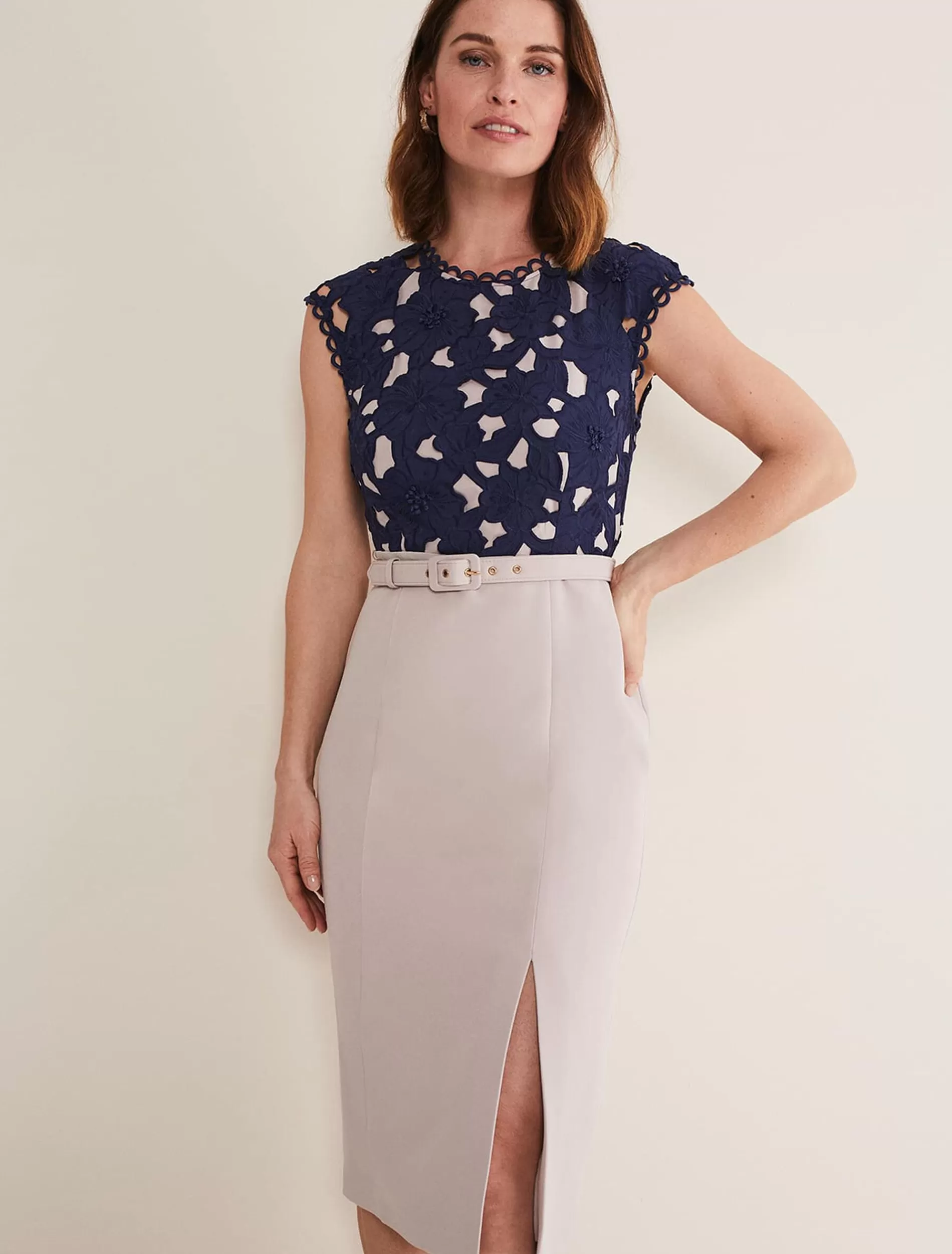 Phase Eight Zita Lace Sleeveless Dress Latte/Navy Flash Sale
