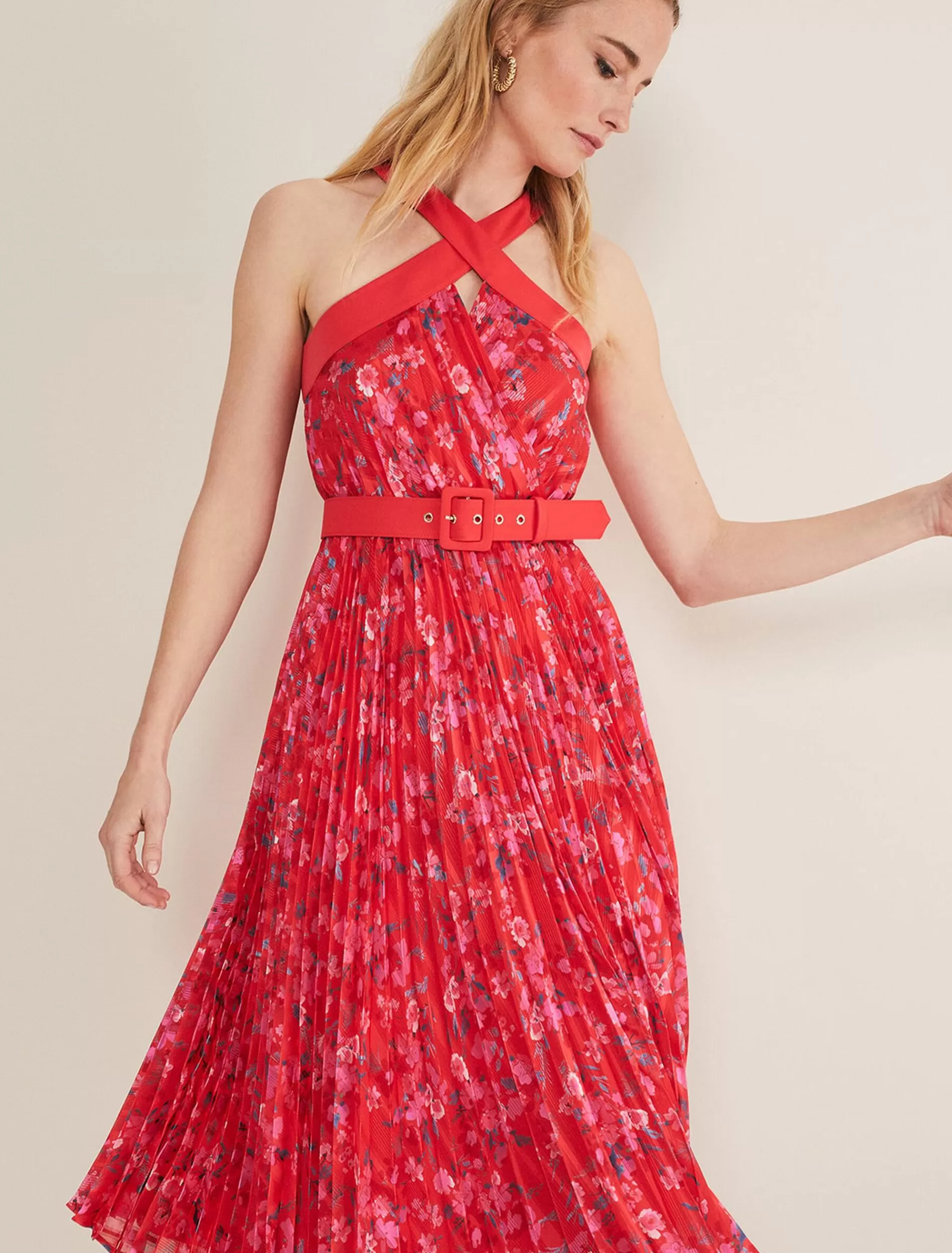 Phase Eight Zoya Pleat Midi Floral Dress Red/Pink Discount